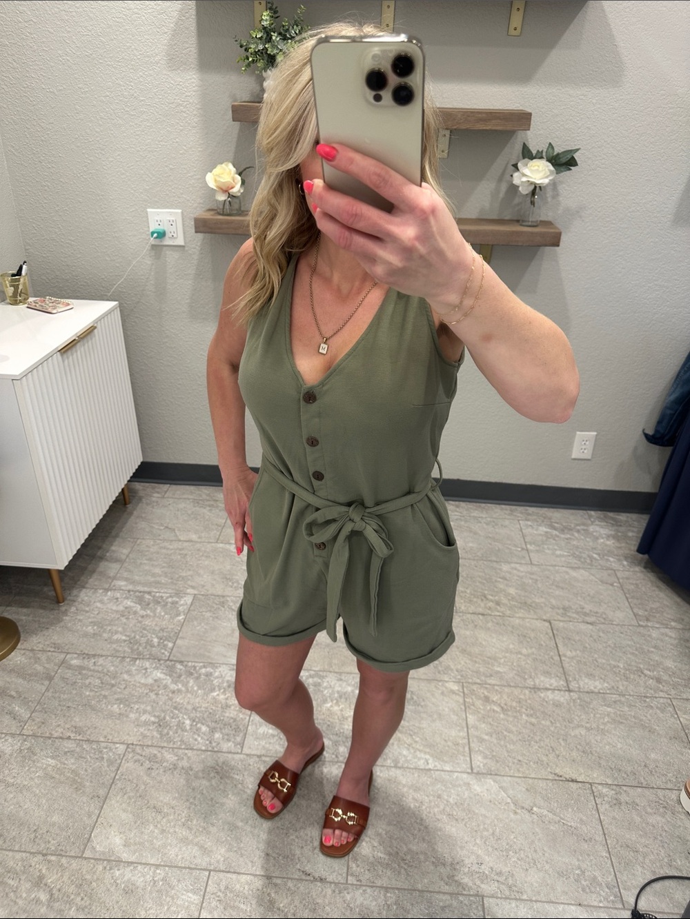 Sleeveless Olive Utility Romper with Tie Waist